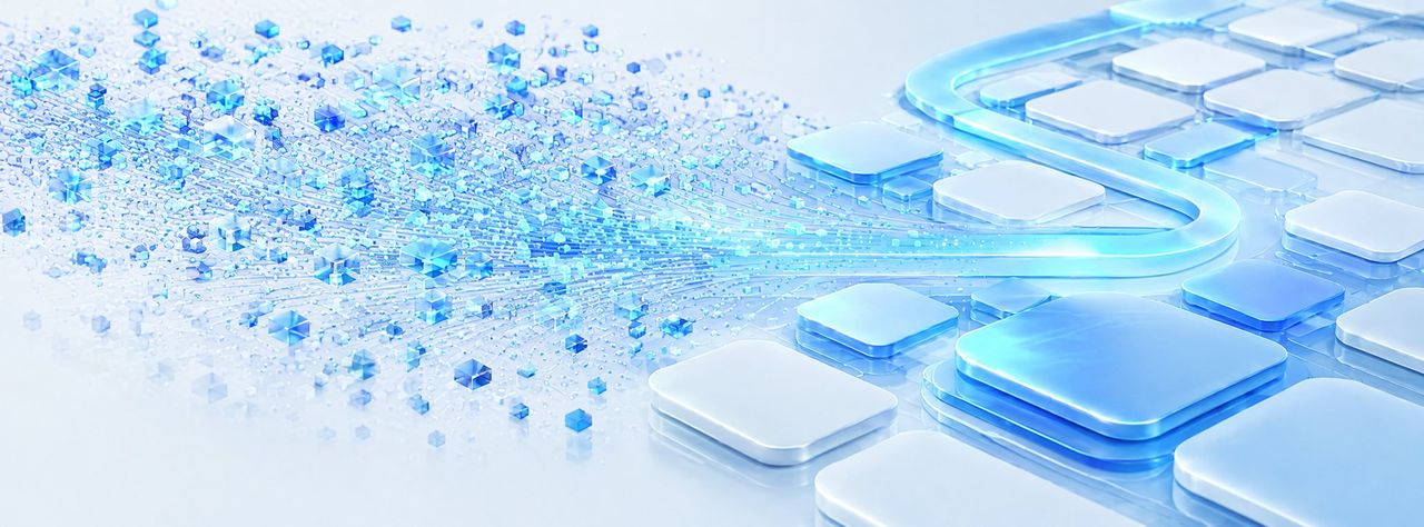 Scattered data particles flowing into a neat grid of glass tiles